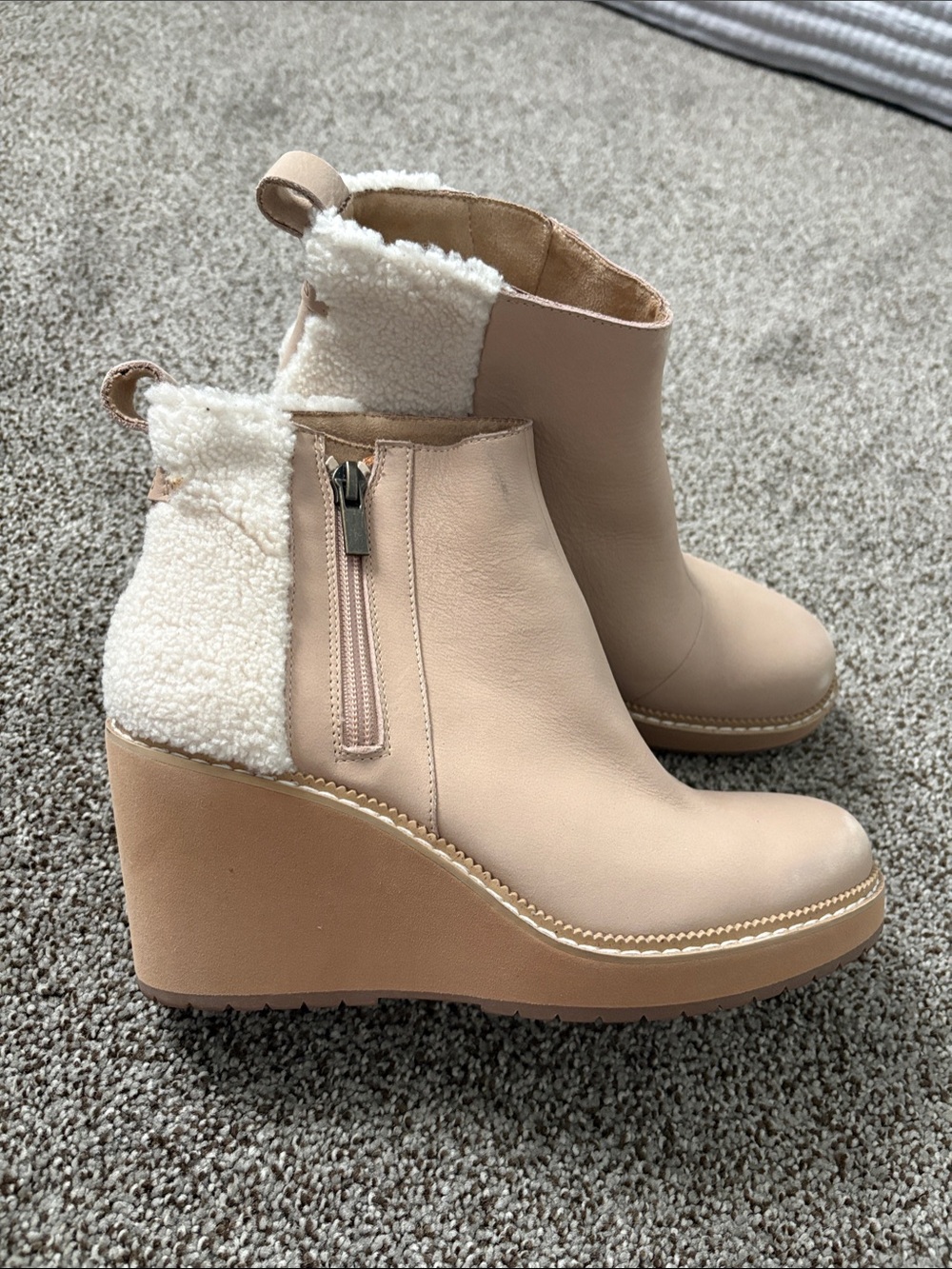 Toms Beige Wedge Ankle Boots with Furry Collar